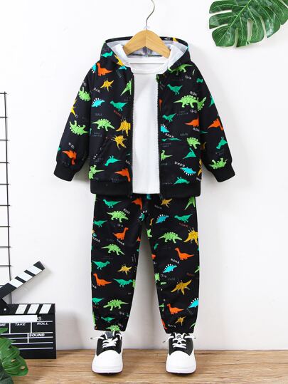 SHEIN 小男童1入組恐龍印花連帽衛衣和1入組衛褲