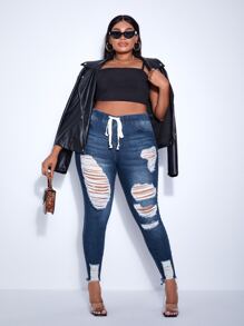 Slaydiva Plus Drawstring Waist Ripped Frayed Hem Skinny Jeans - Dark Wash - View 3