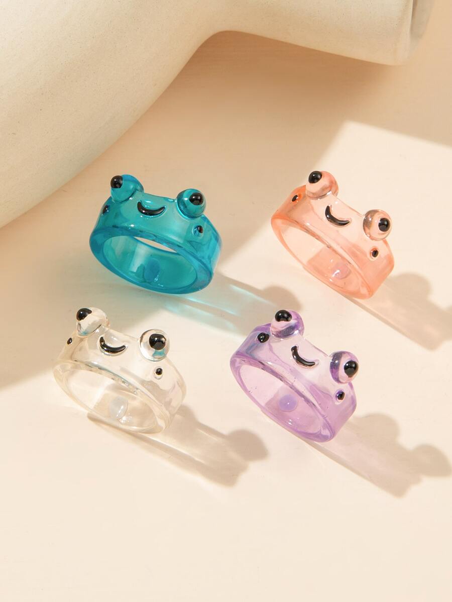 4入組卡通青蛙設計戒指 - 彩色 - 查看 1