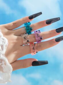 4入組卡通青蛙設計戒指 - 彩色 - 查看 4