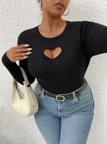 Calvaya Plus Heart Cut Out Ribbed Knit Jumper - Black - View 2