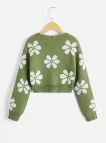 SHEIN Girls Floral Pattern Drop Shoulder Jumper - Army Green - View 2