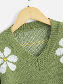 SHEIN Girls Floral Pattern Drop Shoulder Jumper - Army Green - View 3