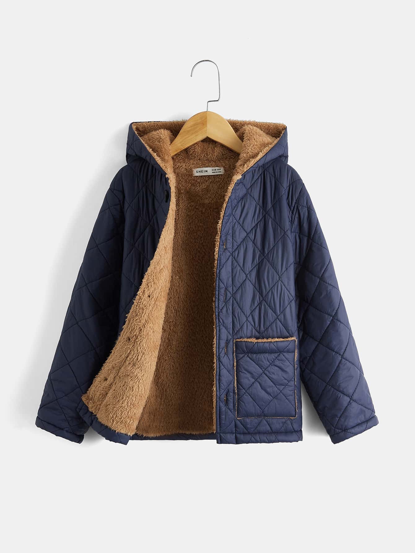 SHEIN 男孩補丁貼口袋毛絨內襯連帽幾何格紋絎縫外套