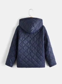 SHEIN 男孩補丁貼口袋毛絨內襯連帽幾何格紋絎縫外套