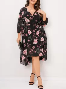SHEIN LUNE Plus Floral Print Lantern Sleeve High Low Hem Dress - Black - View 1