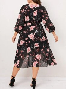 SHEIN LUNE Plus Floral Print Lantern Sleeve High Low Hem Dress - Black - View 2