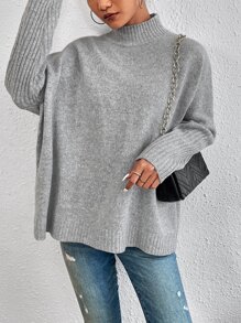 RueChic Mock Neck Batwing Sleeve Jumper - Grey - View 1