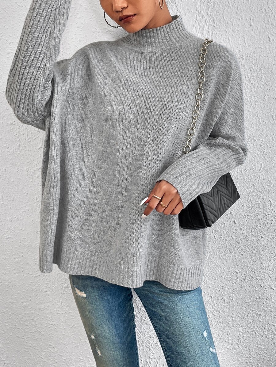 RueChic Mock Neck Batwing Sleeve Jumper - Grey - View 1