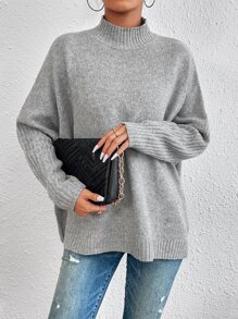 RueChic Mock Neck Batwing Sleeve Jumper - Grey - View 3