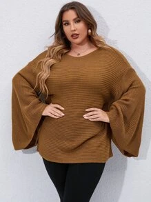 SHEIN LUNE Plus Trumpet Sleeve Boat Neck Jumper - Brown - View 1