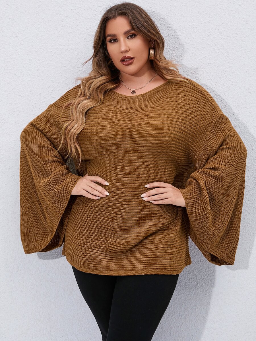 SHEIN LUNE Plus Trumpet Sleeve Boat Neck Jumper - Brown - View 1