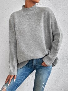 RueChic Mock Neck Batwing Sleeve Jumper - Grey - View 5