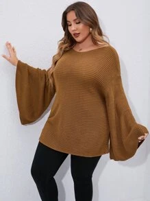 SHEIN LUNE Plus Trumpet Sleeve Boat Neck Jumper - Brown - View 4