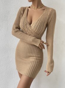 Chiquease Cable Knit Surplice Neck Jumper Dress - Khaki - View 2