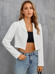 BizChic Jachetă scurtă cu rever în față pentru femei, uniformă de lucru cu mânecă lungă, îmbrăcăminte exterioară scurtă casual la modă de toamnă/iarnă, jachetă business casual pentru naveta urbană, ținută formală pentru femei - alb - Vizualizare 3