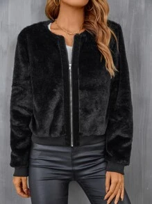 SHEIN Frenchy Zip Front Fuzzy Coat Winter Black Black - Black - View 3