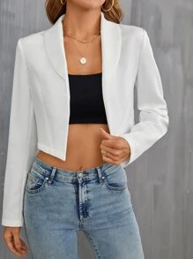 BizChic Jachetă scurtă cu rever în față pentru femei, uniformă de lucru cu mânecă lungă, îmbrăcăminte exterioară scurtă casual la modă de toamnă/iarnă, jachetă business casual pentru naveta urbană, ținută formală pentru femei - alb - Vizualizare 4