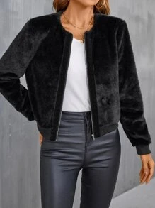 SHEIN Frenchy Zip Front Fuzzy Coat Winter Black Black - Black - View 8