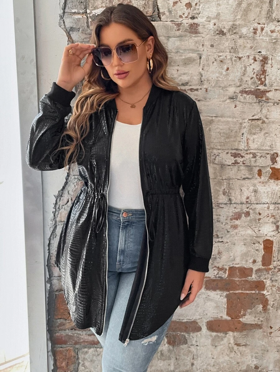 SHEIN LUNE Plus Zip Up PU Leather Coat - Black - View 1