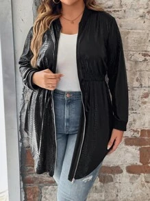 SHEIN LUNE Plus Zip Up PU Leather Coat - Black - View 3