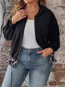 SHEIN LUNE Plus Drop Shoulder Drawstring Zipper Hooded Jacket - Black - View 3