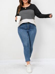 SHEIN LUNE Camiseta de rayas de color combinado - Blanco y Negro - Ver 3