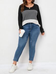 SHEIN LUNE Camiseta de rayas de color combinado - Blanco y Negro - Ver 4