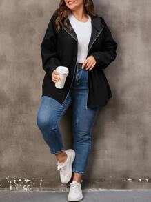 SHEIN LUNE Áo khoác cỡ lớn Dây kéo màu trơn Giải trí - màu đen - Xem 4