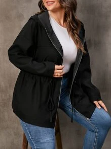 SHEIN LUNE Áo khoác cỡ lớn Dây kéo màu trơn Giải trí - màu đen - Xem 1