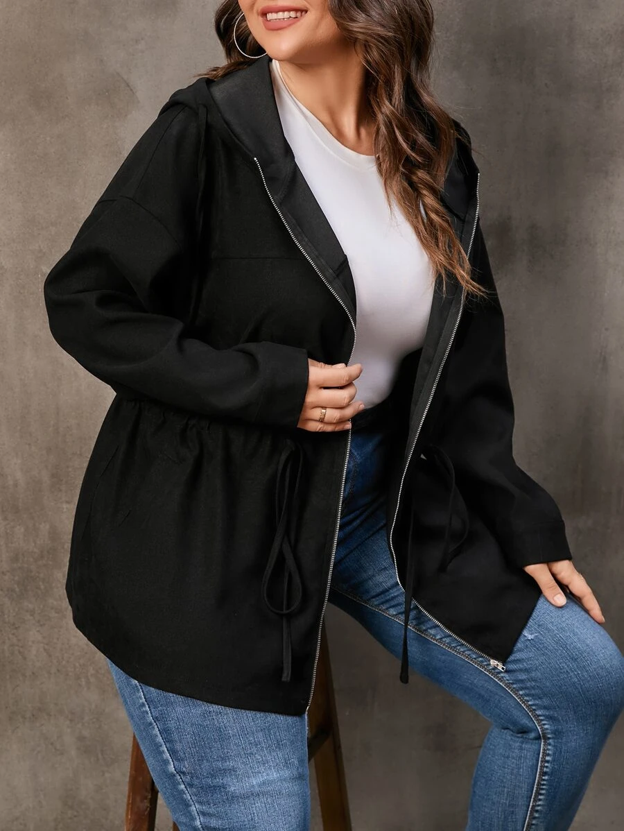 SHEIN LUNE Áo khoác cỡ lớn Dây kéo màu trơn Giải trí - màu đen - Xem 1