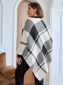 SHEIN LUNE Plus Plaid Pattern Batwing Sleeve Knit Poncho - Black and White - View 2