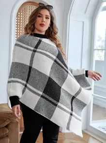 SHEIN LUNE Plus Plaid Pattern Batwing Sleeve Knit Poncho - Black and White - View 3