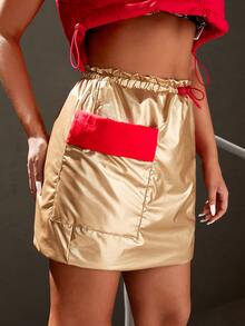 SHEIN SXY Drawstring Paperbag Waist Pocket Detail Colourblock Skirt - Gold - View 3