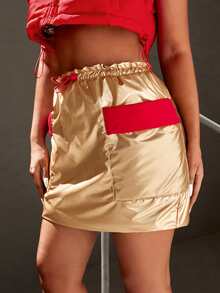 SHEIN SXY Drawstring Paperbag Waist Pocket Detail Colourblock Skirt - Gold - View 4