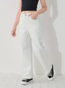 Tween Girl Y2K Street Daily Elastic Waist  Straight Jeans With Flat Pockets, Girls Daily OOTD Outfits - White - View 3