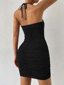 SHEIN Privé Backless Ruched Halter Bodycon Dress - Black - View 2