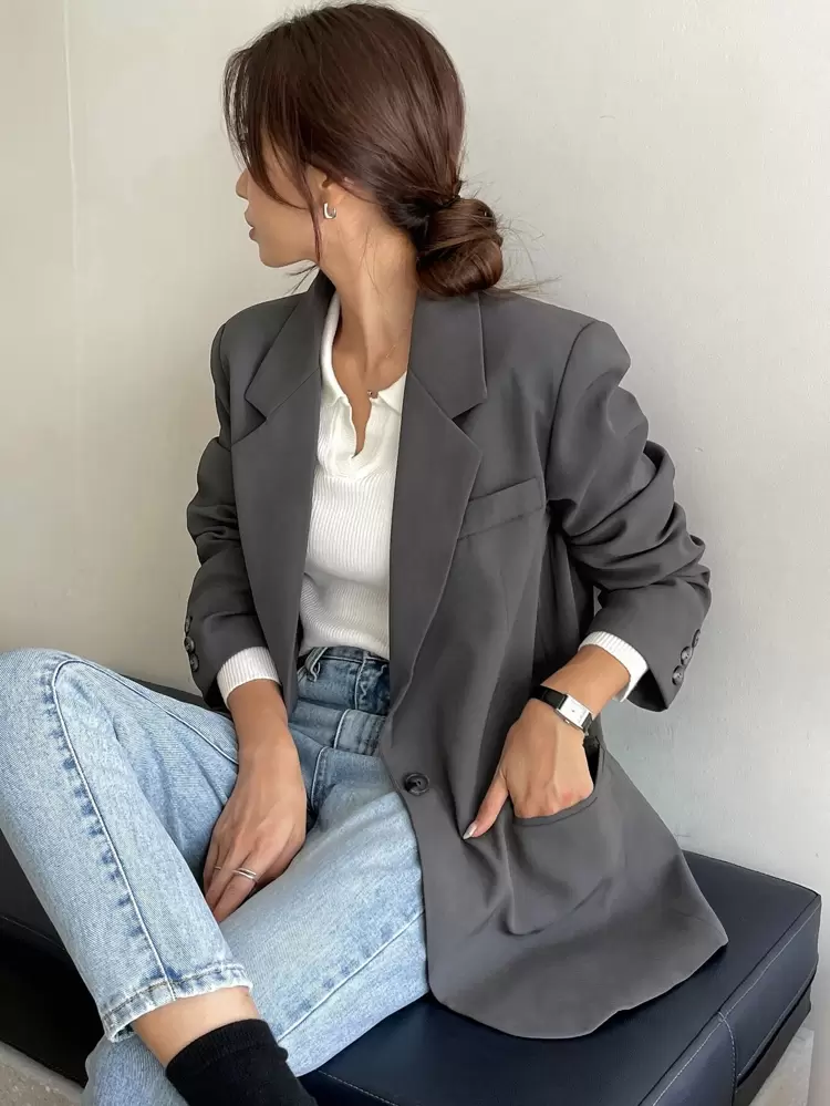 Women's Solid Color Lapel Neck Long Sleeve Business Casual Blazer Jacket, Autumn,Fall Women Clothes