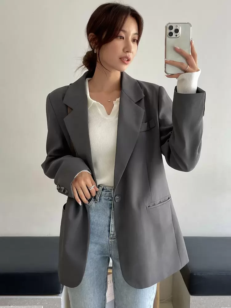 Women's Solid Color Lapel Neck Long Sleeve Business Casual Blazer Jacket, Autumn,Fall Women Clothes