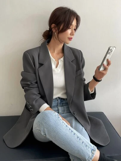 DAZY 女士纯色翻领长袖商务休闲西装外套，秋季女装