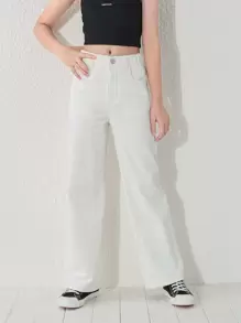Tween Girl Y2K Street Daily Elastic Waist  Straight Jeans With Flat Pockets, Girls Daily OOTD Outfits - White - View 6