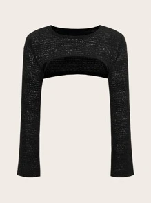 SHEIN ICON Spring  Black Solid Super Crop Sweater - Black - View 1