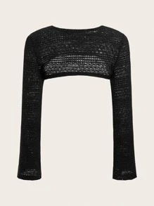 SHEIN ICON Spring  Black Solid Super Crop Sweater - Black - View 2