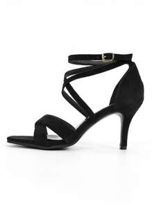 Sandálias femininas de salto agulha com tiras cruzadas no tornozelo, elegantes sandálias pretas de camurça sintética, perfeitas para looks de primavera/verão. - Preto - Ver 4
