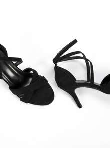 Sandálias femininas de salto agulha com tiras cruzadas no tornozelo, elegantes sandálias pretas de camurça sintética, perfeitas para looks de primavera/verão. - Preto - Ver 5