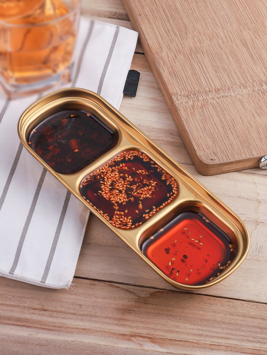 1 pieza Plato de salsa de acero inoxidable 304 engrosado, plato de inmersión de rejilla múltiple, plato de verduras, plato de borla para hornear en restaurante - Dorado - Ver 1