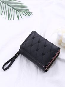 針腳細節短皮夾愛心刺繡三折黑色 - 黑色 - 查看 1