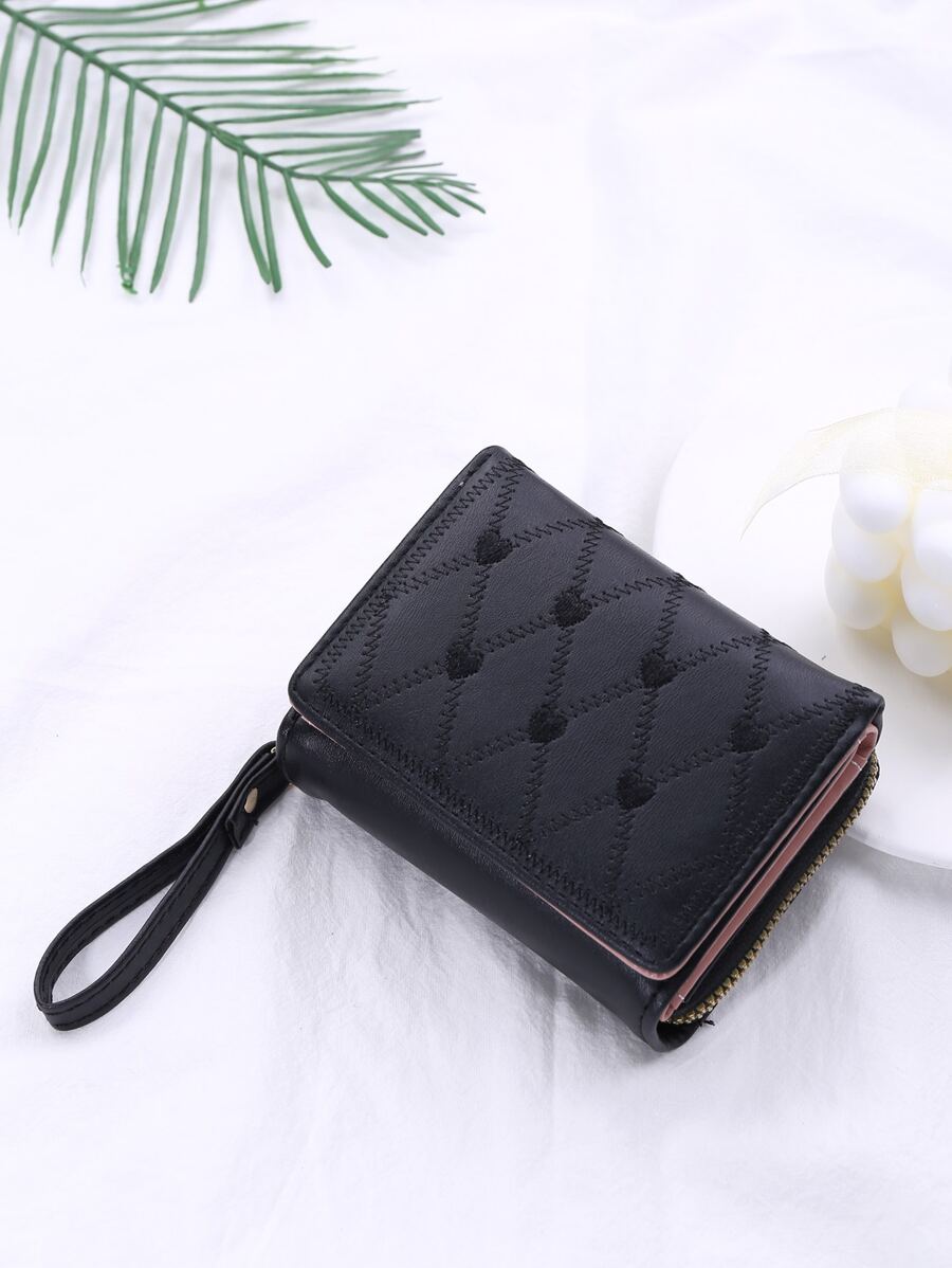 針腳細節短皮夾愛心刺繡三折黑色 - 黑色 - 查看 1