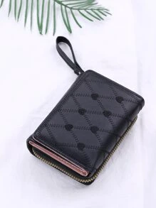 針腳細節短皮夾愛心刺繡三折黑色 - 黑色 - 查看 5