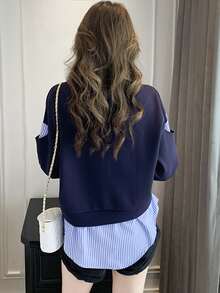 Letter Graphic Drop Shoulder 2 In 1 Pullover - Navy Blue - View 2